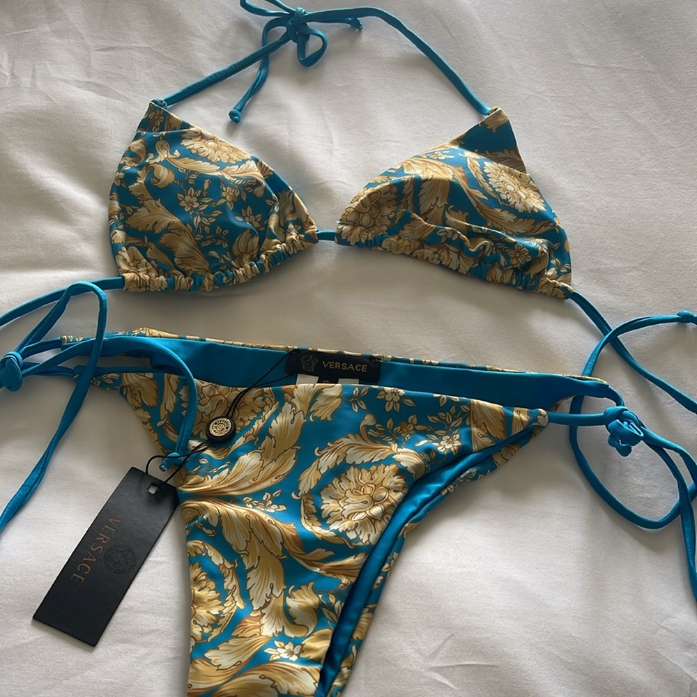 Versace Teal and Gold Floral Bikini